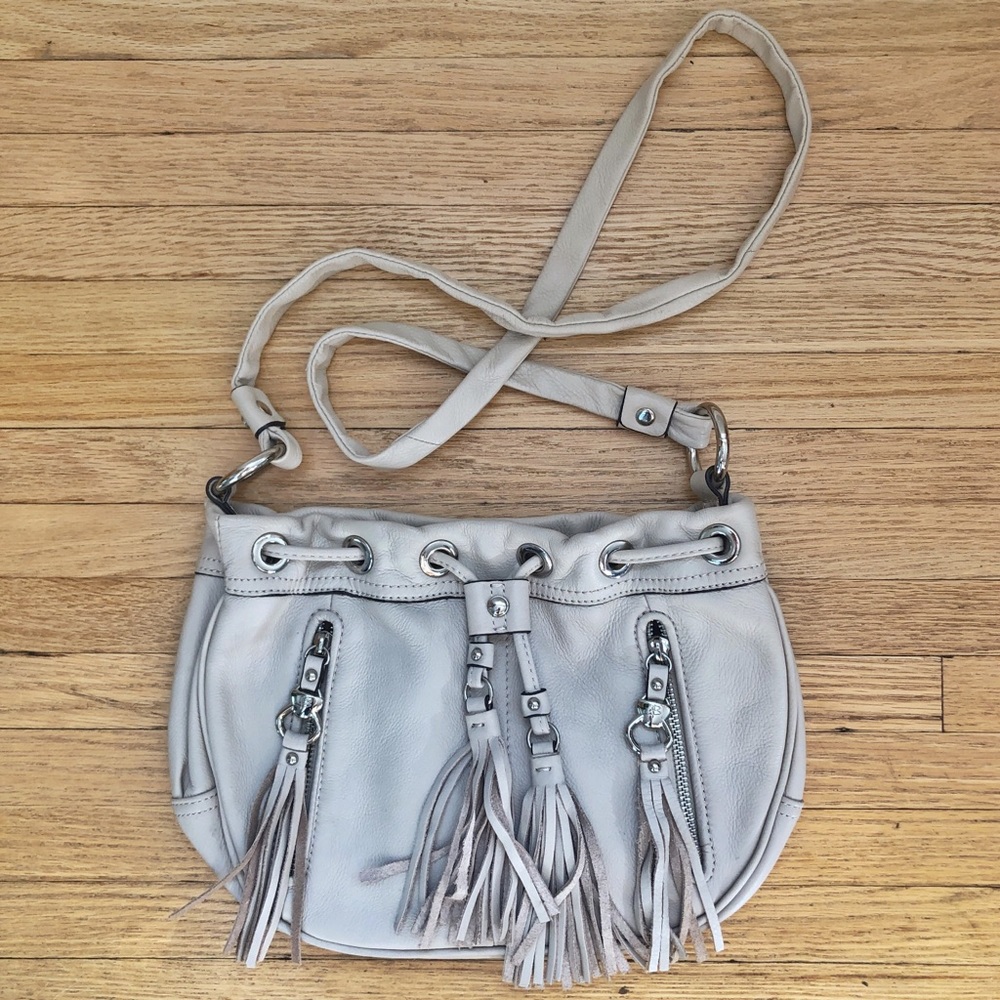 B. Makowsky White Leather Dakota Fringe Crossbody